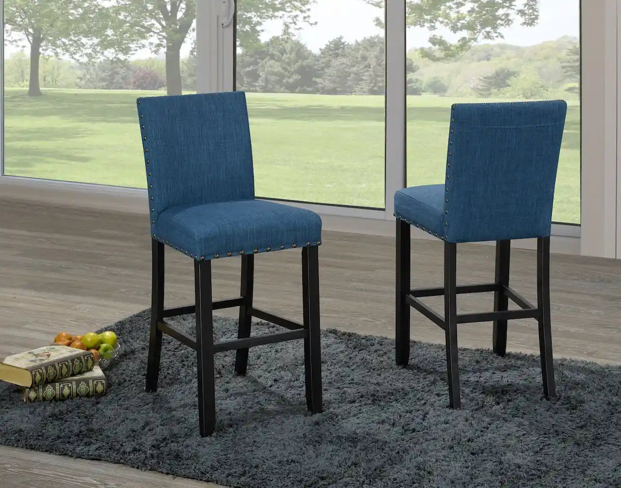 Set de 2 Tabourets de Bar 29" - Tissu Bleu et Clous