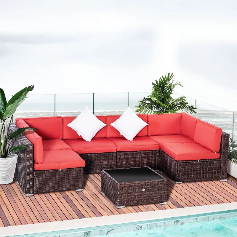 Ensemble de canapé de patio en osier 7 pièces, ensemble de meubles de conversation sectionnels en rotin PE avec table basse et coussin en verre trempé pour jardin, arrière-cour, rouge