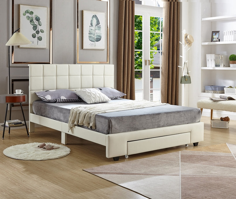 Lit PU Blanc - Tête de Lit Capitonnée Carrée, Support Matelas