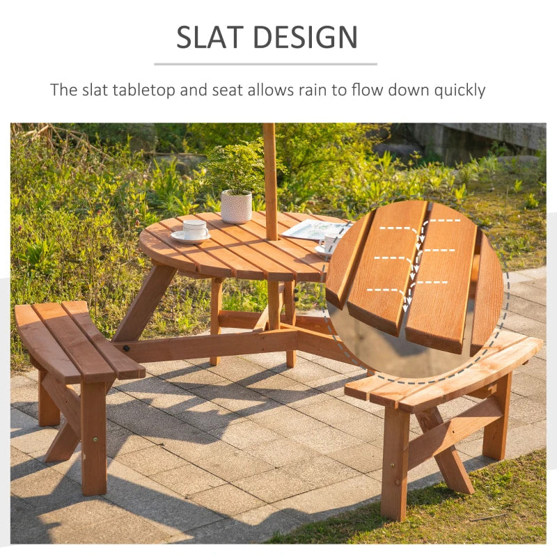 Ensemble de banc de table de pique-nique rond pour 6 personnes avec trou pour parasol, table de patio en bois avec 3 bancs intégrés pour jardin, terrasse, arrière-cour, marron