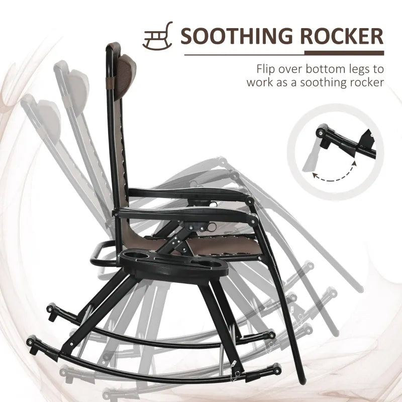 Chaise longue inclinable réglable 2 en 1 à gravité zéro, fauteuil de jardin inclinable et à bascule, chaise longue pliable, siège de sieste avec appui-tête et plateau marron