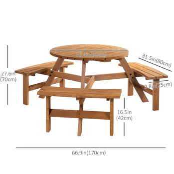 Ensemble de banc de table de pique-nique rond pour 6 personnes avec trou pour parasol, table de patio en bois avec 3 bancs intégrés pour jardin, terrasse, arrière-cour, marron