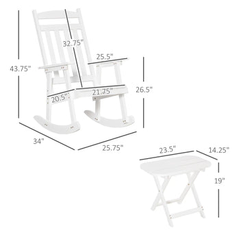 Chaise à bascule en bois avec table, ensemble à bascule d'extérieur avec fauteuil à dossier haut et table d'appoint pliable pour cour, jardin, porche, blanc