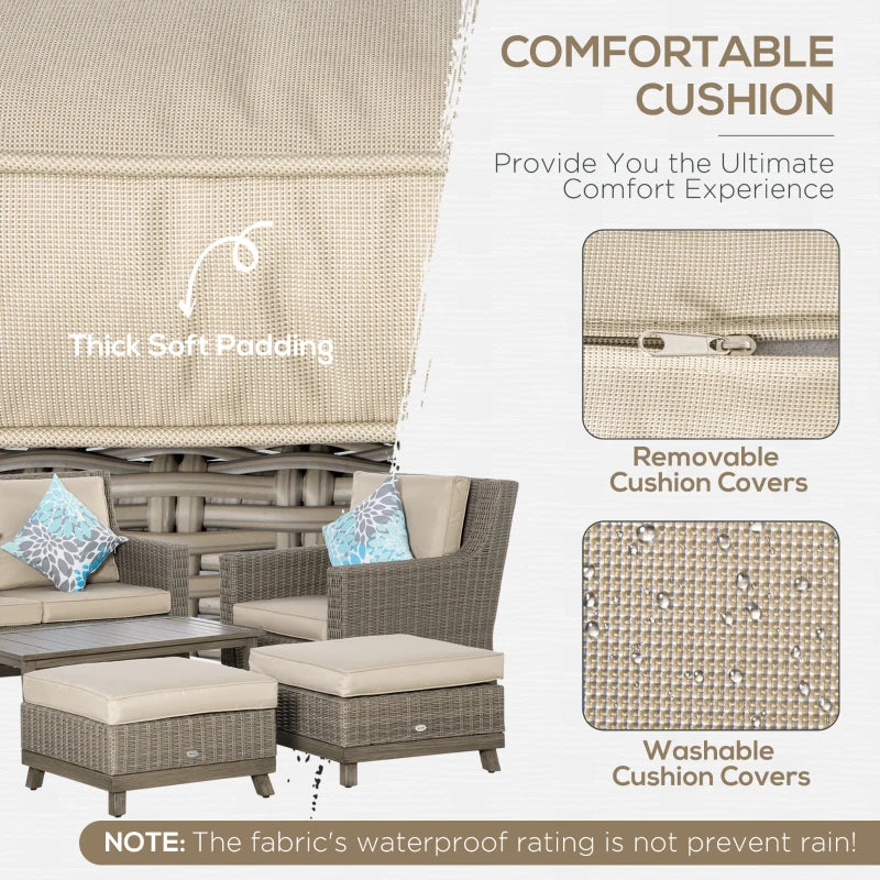 Ensemble de meubles de patio 6 pièces, ensemble de canapé de jardin de luxe avec cadre en aluminium, meubles de conversation demi-rond en osier et rotin avec plateau en panneau d'aluminium et coussin pour jardin, cour, pelouse, beige