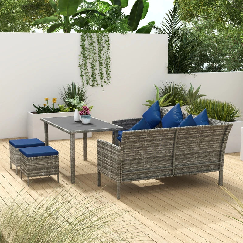 Ensemble de meubles de salle à manger de conversation de patio en osier 5 pièces avec coussins, table et poufs, bleu vif