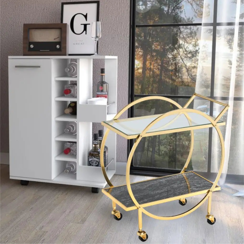 Chariot Maeve : Desserte de Bar Ronde en Or et Verre