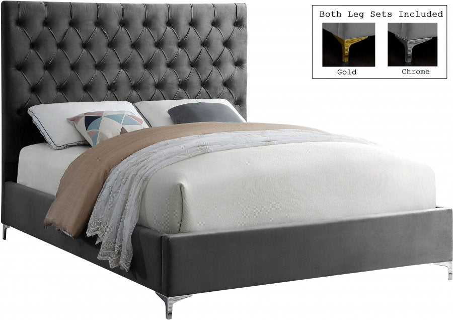 Lit en Velours Gris - Capitonnage Profond, Pieds en Or et Chrome Inclus avec Chaque Lit