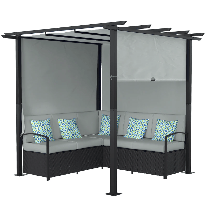 Meubles de patio en osier, ensemble de canapé d'extérieur en rotin PE avec pergola à auvent rétractable, abri d'ombrage pour terrasse, piscine, jardin, terrasse, gris