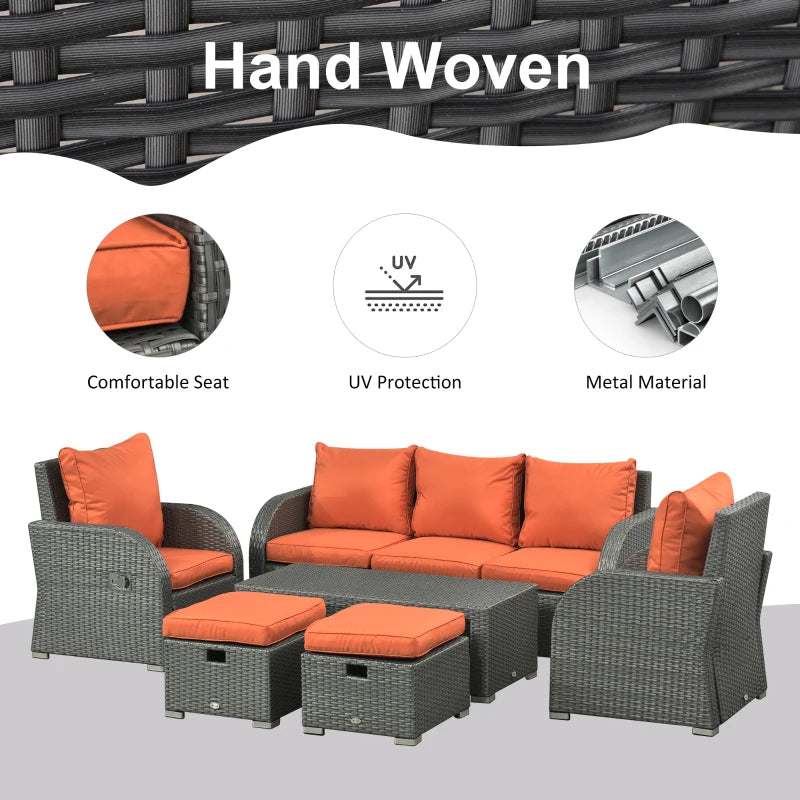 Meubles de patio avec coussins, 6 pièces en osier PE, ensemble de conversation avec un canapé à trois places, 2 chaises inclinables, 2 repose-pieds et une table, orange