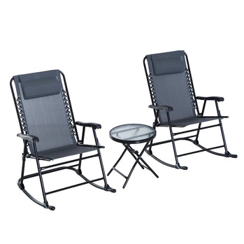 Ensemble de 3 chaises à bascule pliables pour patio, chaises à bascule d'extérieur et table bistro avec siège et dossier en maille respirante, appui-tête rembourré pour parc, cour, jardin, gris