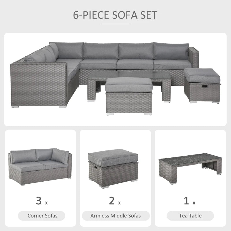 Ensemble de canapé d'angle en rotin, 6 pièces, meubles de véranda d'extérieur, gris