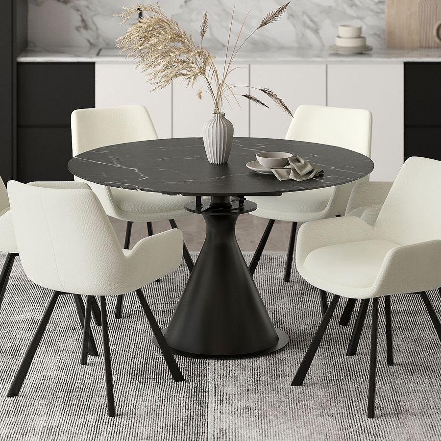 Table de salle à manger ronde sur pied Calisto avec rallonge en noir
