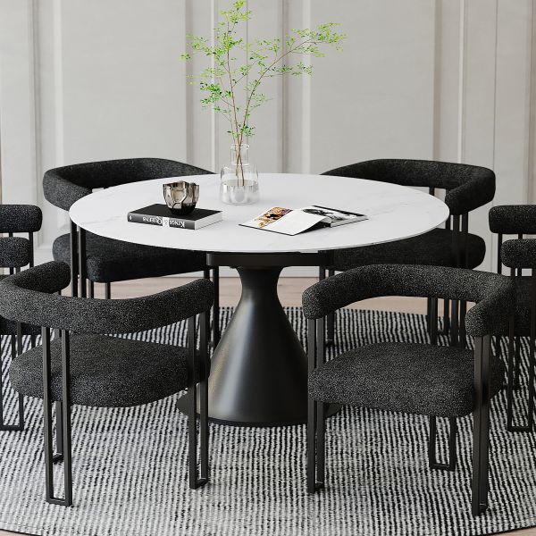 Table de salle à manger ronde sur pied Calisto avec rallonge en blanc et noir