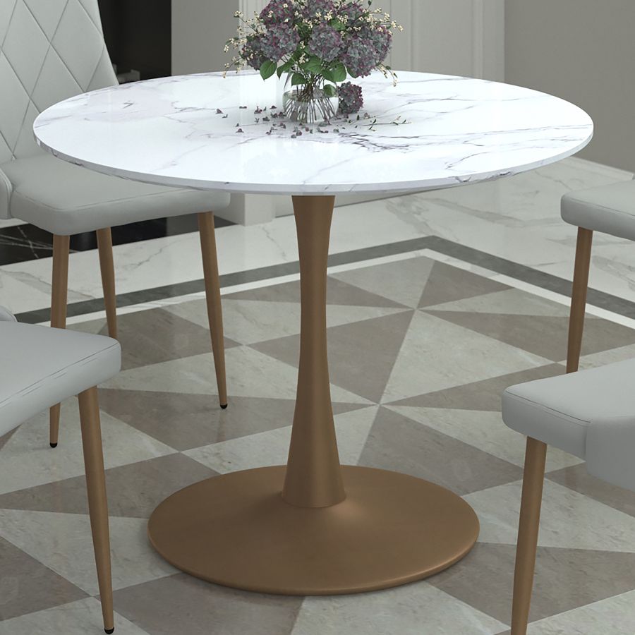 Table de salle à manger ronde Zilo de 40 po en faux marbre blanc et ou vieilli