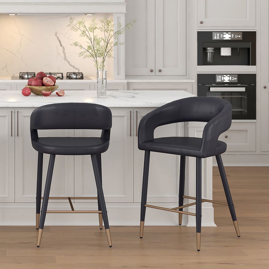 Pourpre 26" Tabouret de comptoir, lot de 2, en simili cuir noir et noir et or vieilli ( Meuble Mtl )