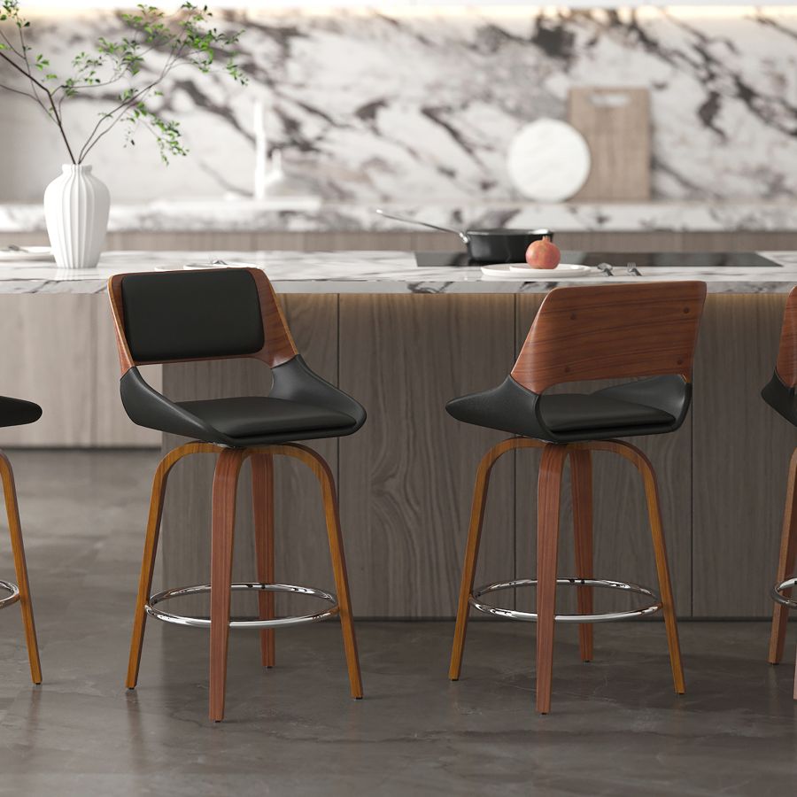 Tabouret de comptoir Hudson de 26 po avec pivot en similicuir noir et noyer ( Meuble Mtl )