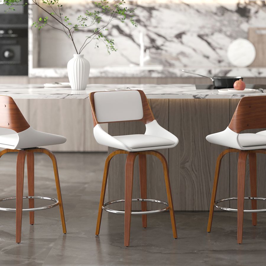 Tabouret de comptoir Hudson de 26 po avec pivot en similicuir blanc et noyer ( Meuble Mtl )