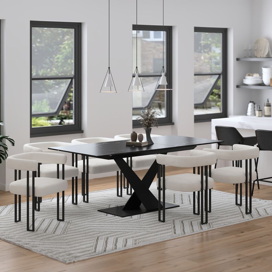 Ensemble de salle à manger 7 pièces Julius/Scarlet avec table noire et chaise ivoire