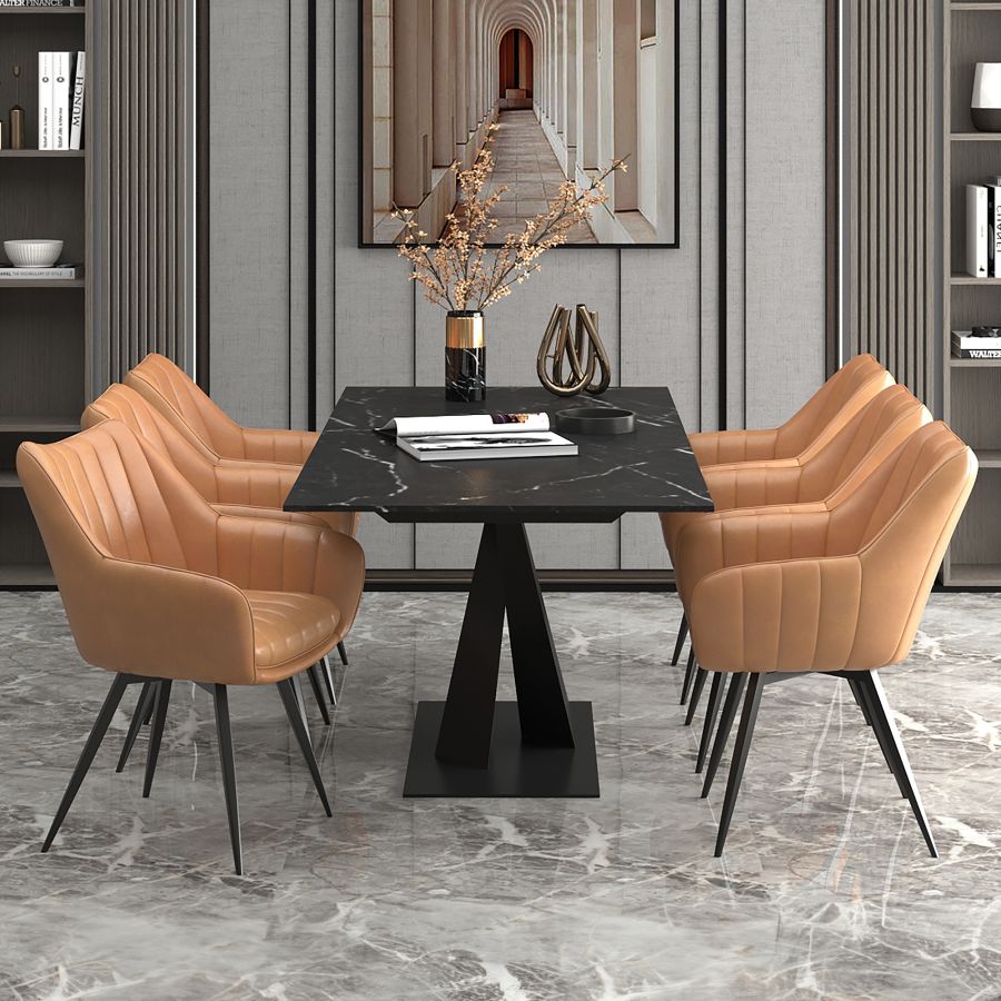 Julius/Talon Ensemble de salle à manger 7 pièces avec table noire et chaise Camel