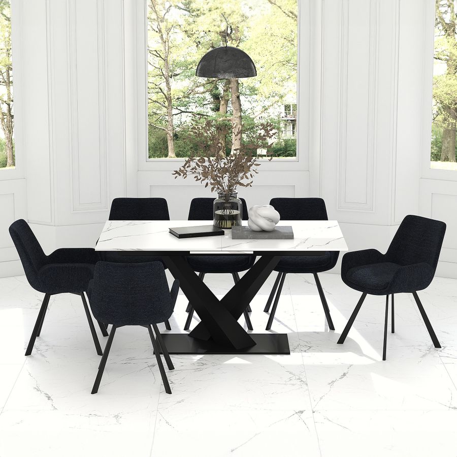 Julius/Signy Ensemble de salle à manger 7 pièces avec table blanche et chaise noire