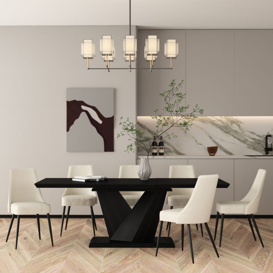Ensemble de salle à manger Eclipse/Koda 7 pièces avec table noire et chaise beige 