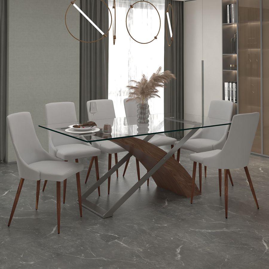 Ensemble de salle à manger Veneta/Cora 7 pièces en noyer avec chaise gris clair ( Meuble Mtl )