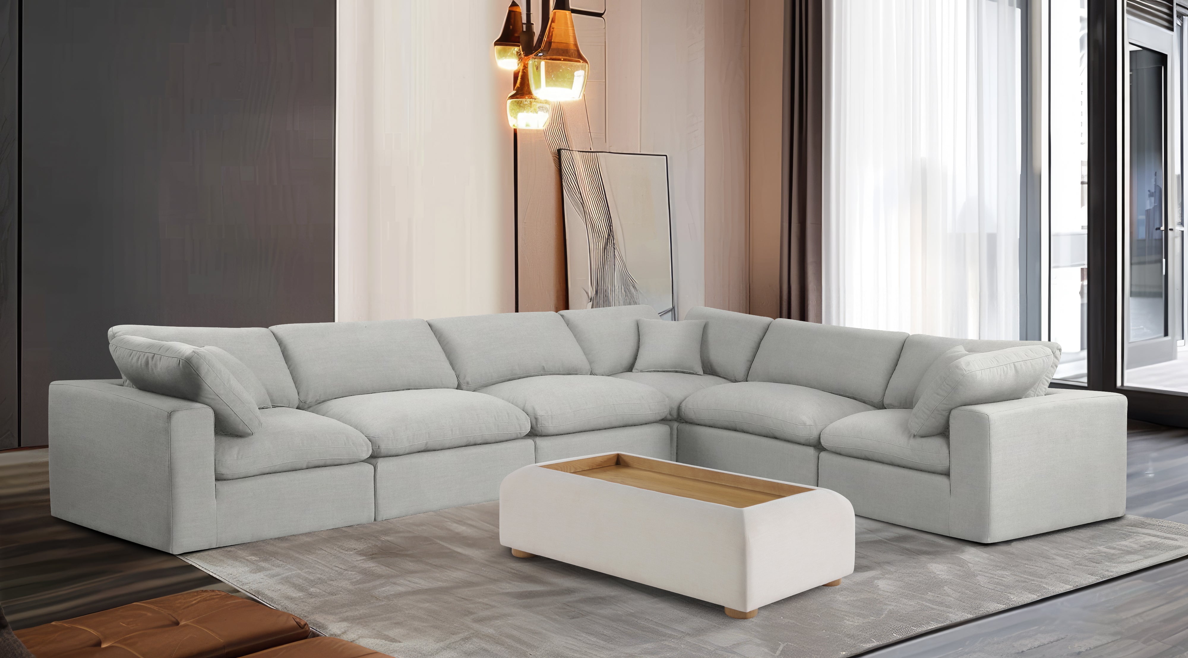 Canapé sectionnel confortable en tissu texturé en lin