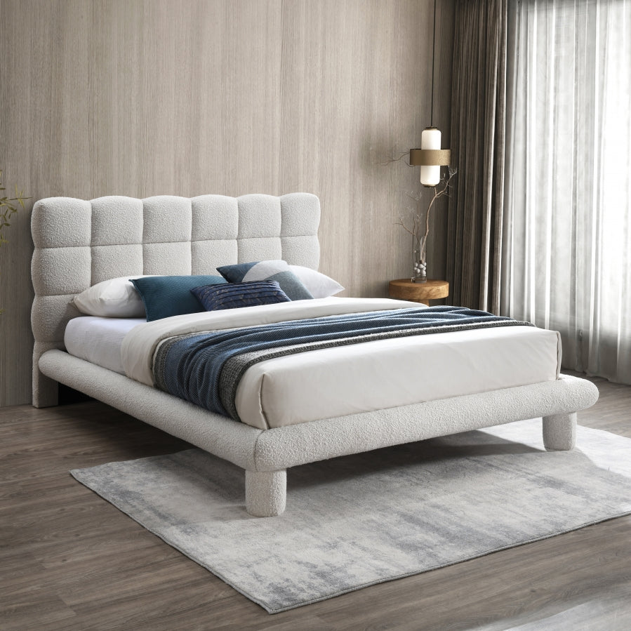 Lit double couleur crème en tissu déco boucle