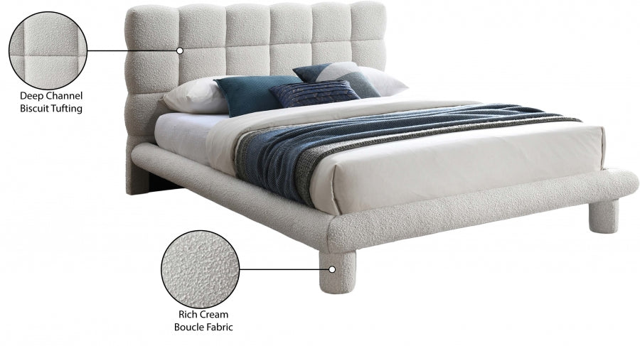 Lit double couleur crème en tissu déco boucle