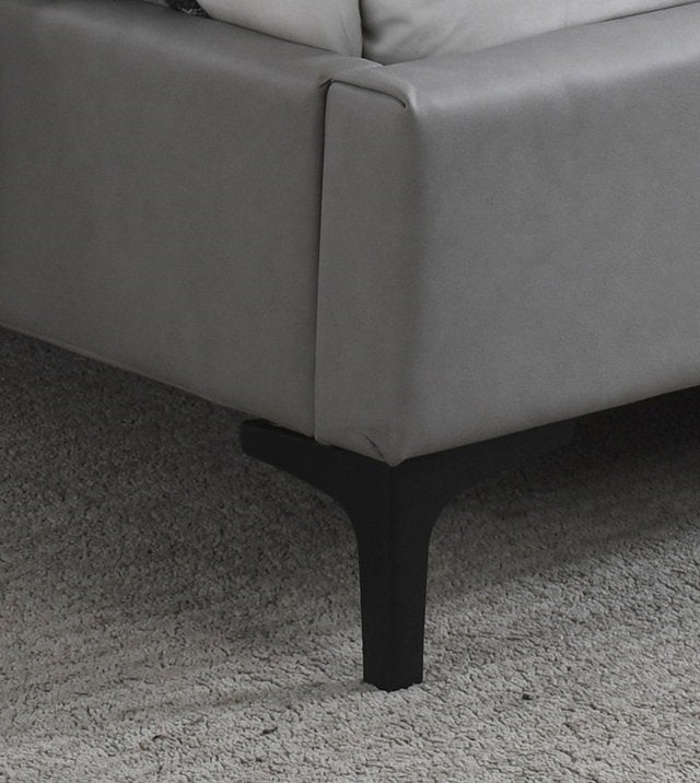 Lit Plateforme PU Gris - Tête de Lit Rembourrée, Mousse Haute Densité, Pieds Acier Noir