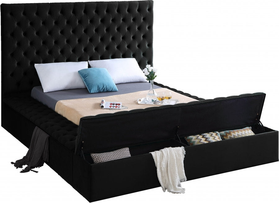 Lit Plateforme en Velours Noir - 3 Grands Rangements, Capitonnage Profond, Hauteur de 16 po