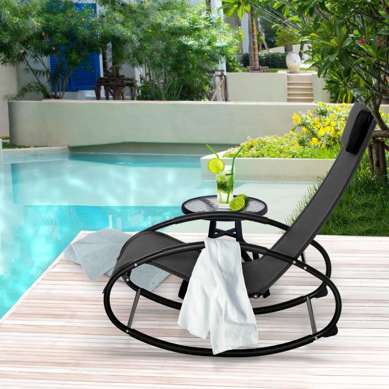 Chaise longue à bascule en textilène pour patio, siège inclinable d'extérieur à bascule orbitale zéro gravité avec oreiller rembourré noir