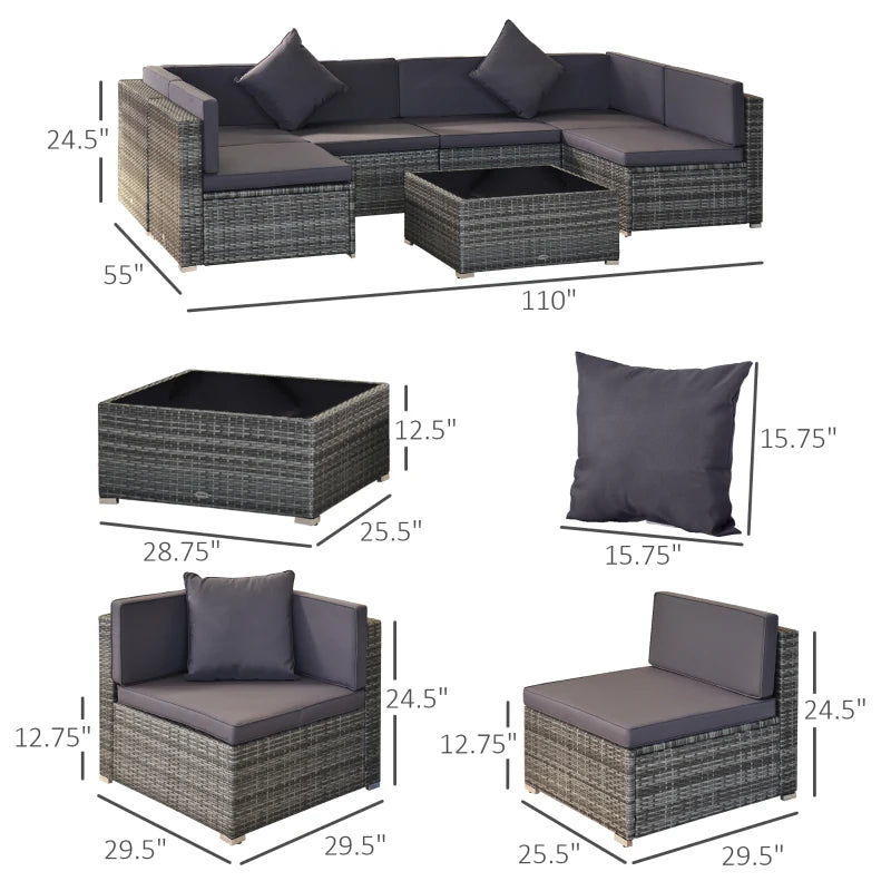 Ensemble sectionnel de jardin en osier 7 pièces avec table à thé, canapé de salon en rotin avec coussin, gris foncé