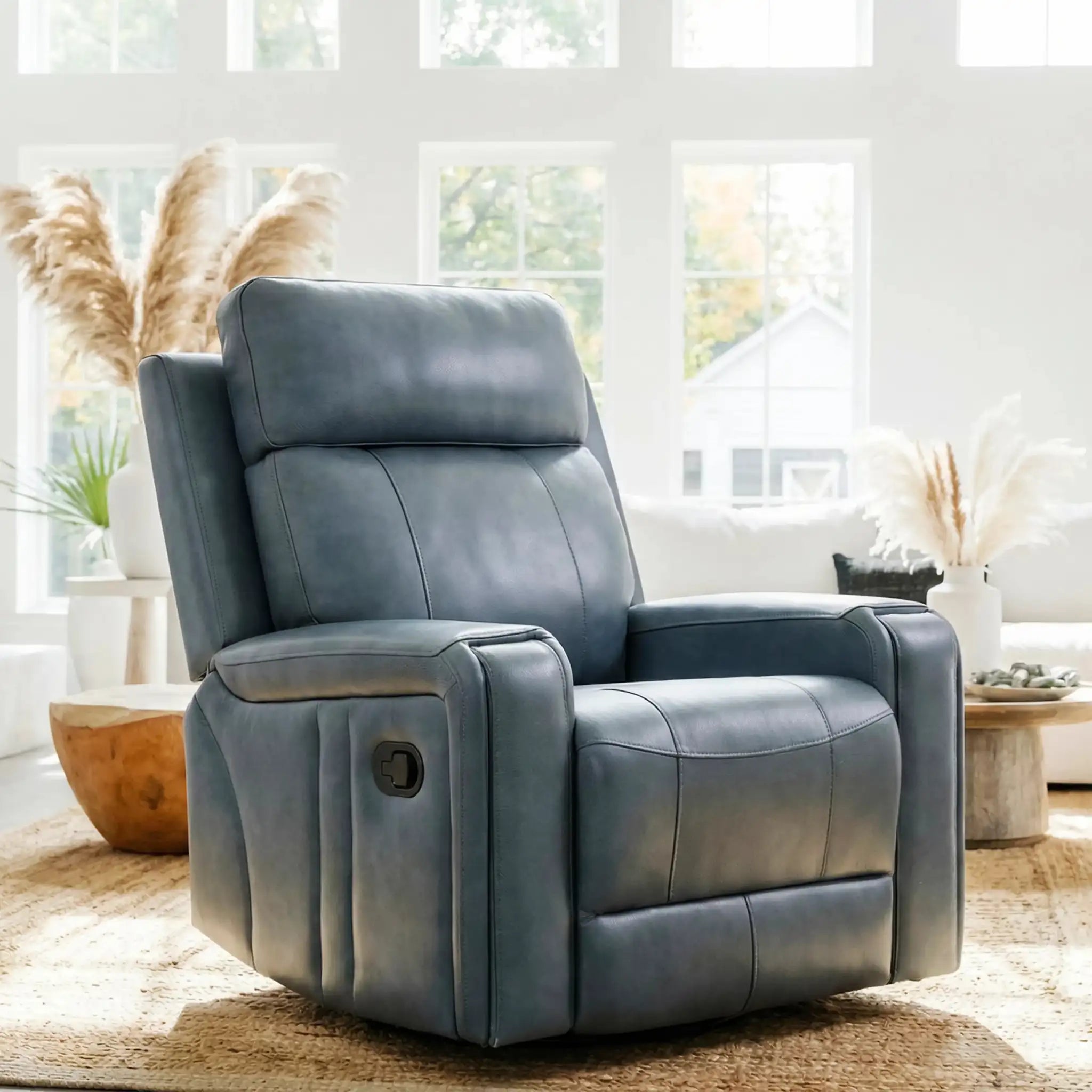 Primo Cavron Fauteuil Berçant Pivotant Inclinable en Cuir Bleu