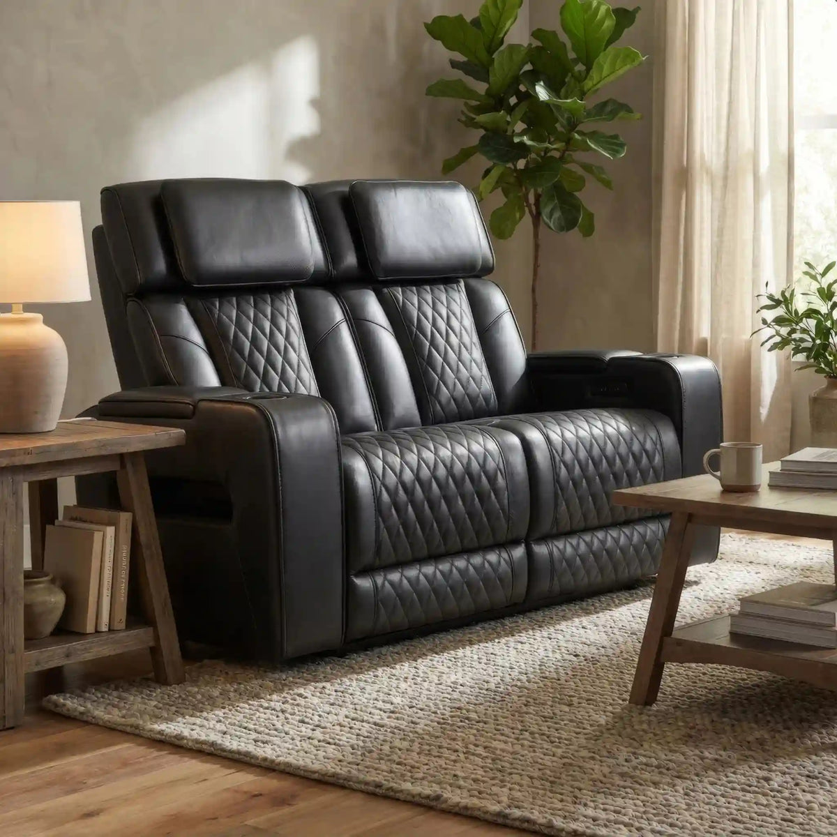 Canapé inclinable Colton en cuir noir électrique avec console