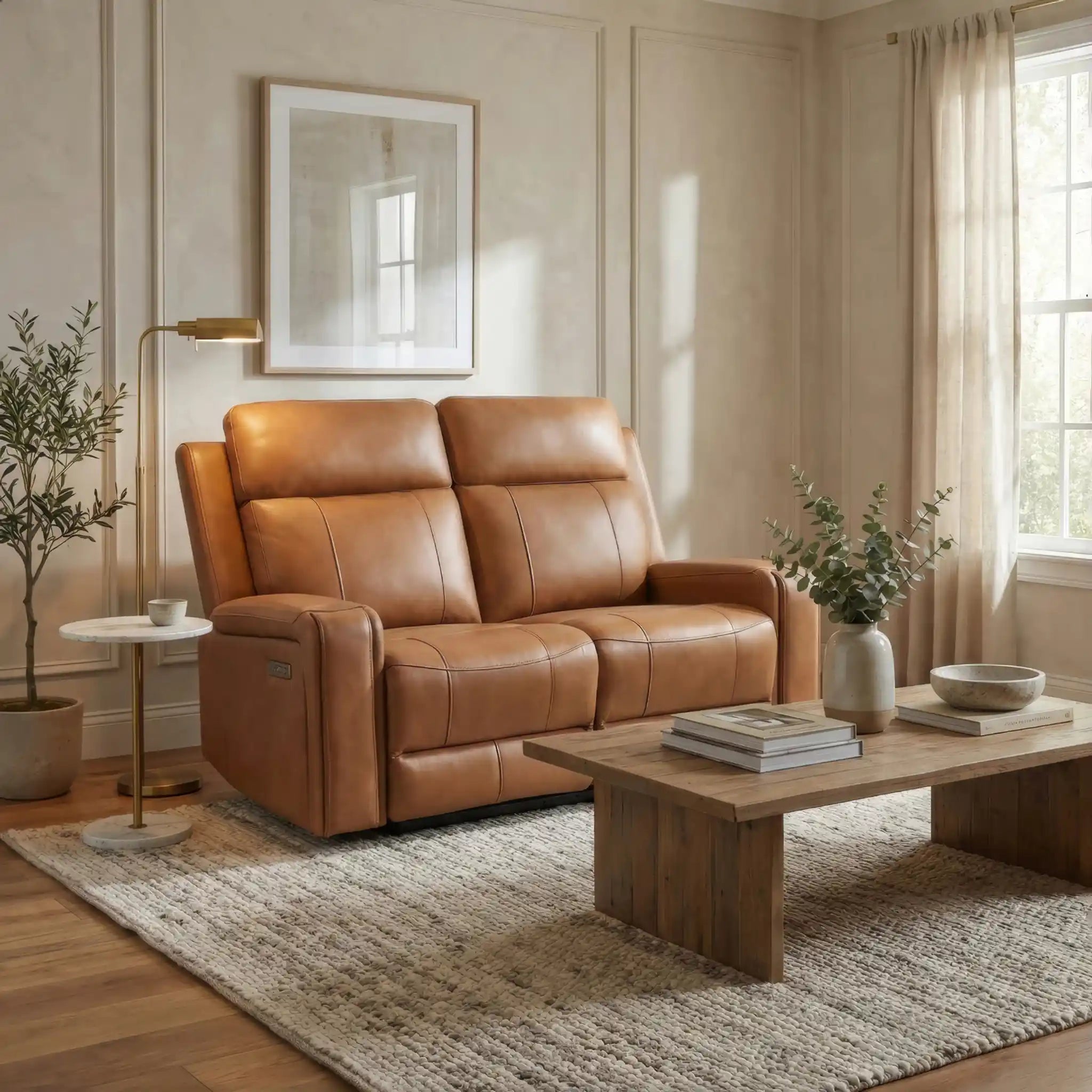Primo Cavron Causeuse en Cuir Véritable Inclinable Électrique Cognac