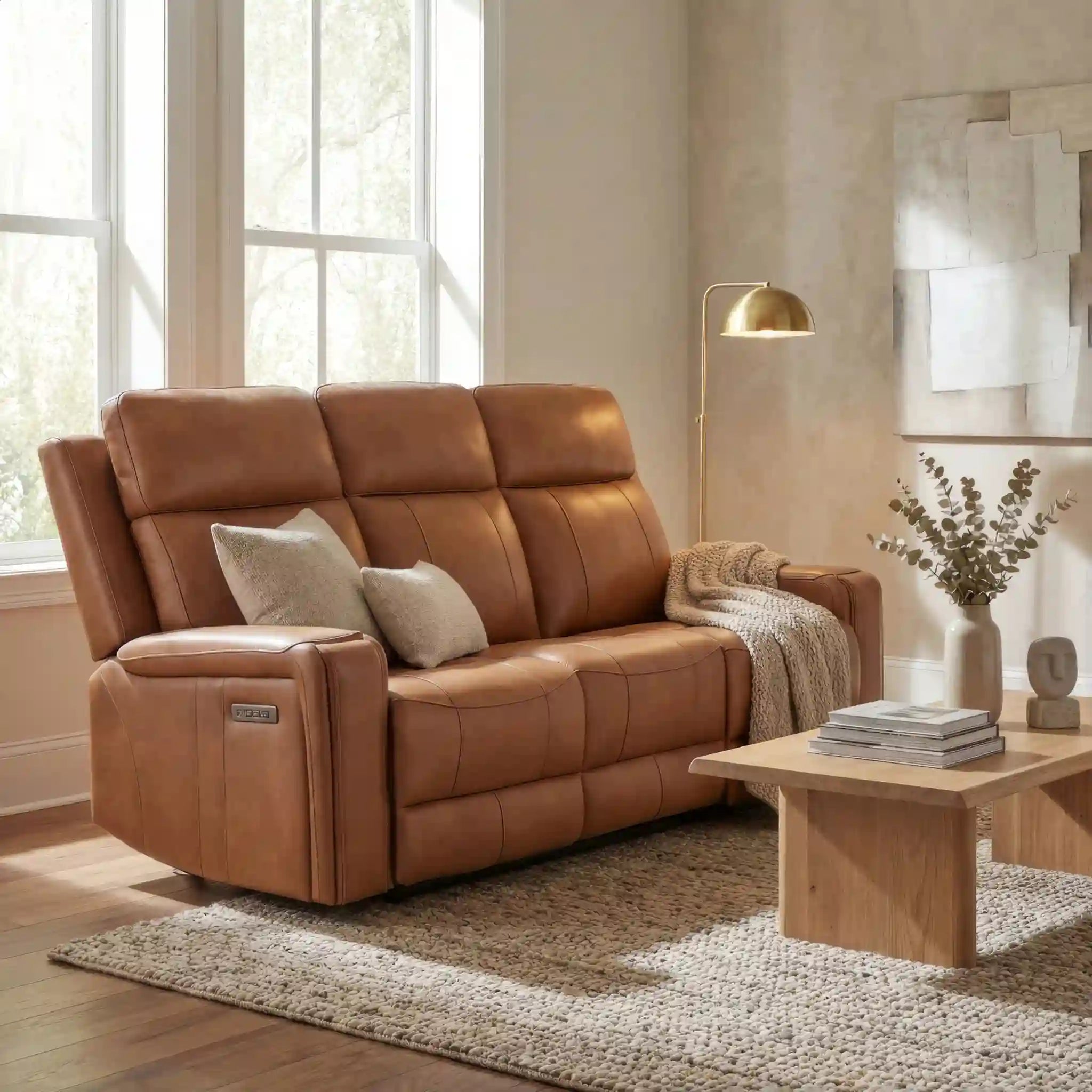 Primo Cavron Sofa Trois Places Inclinable Électrique Cognac