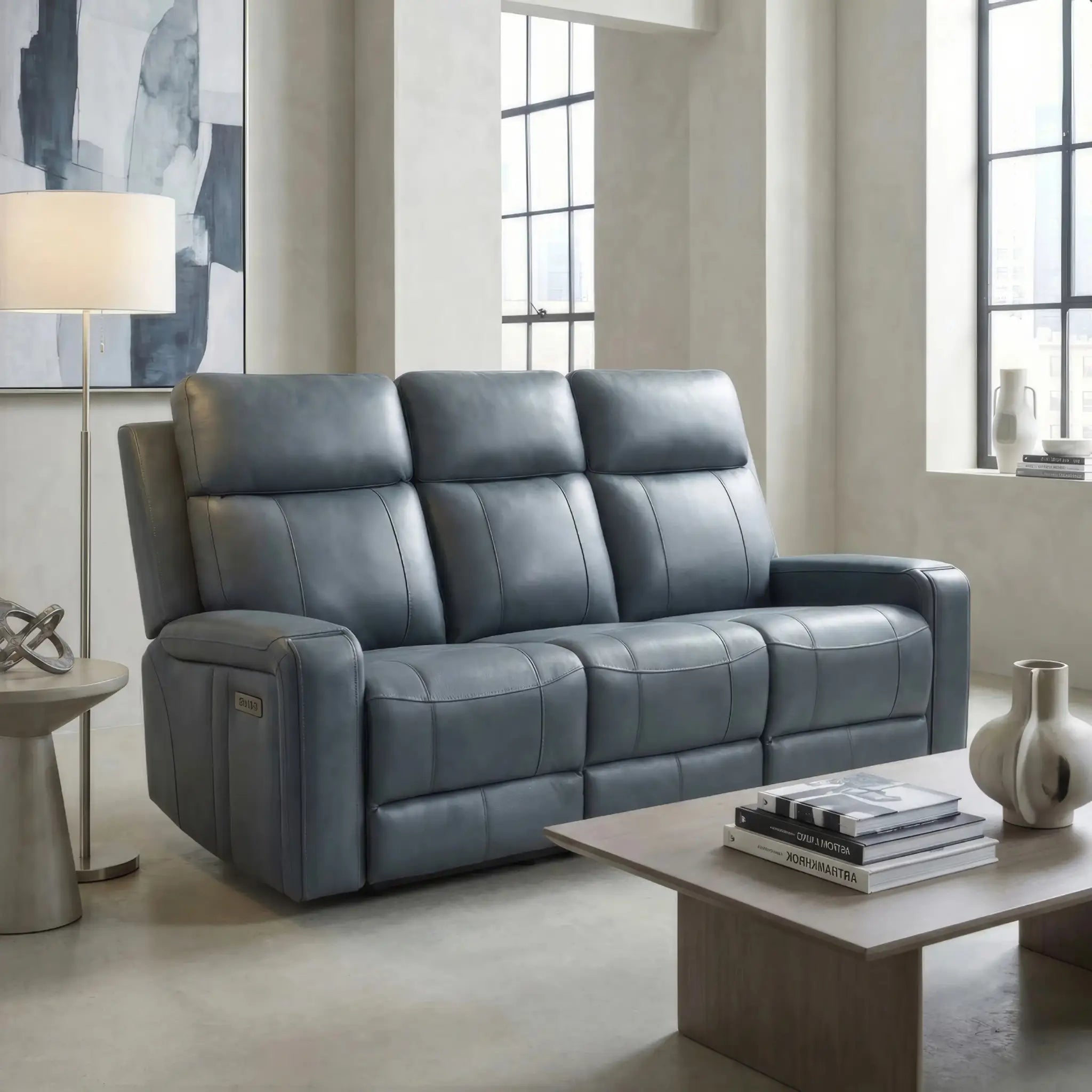 Primo Cavron Sofa avec Appuis-Tête Électriques en Cuir Bleu