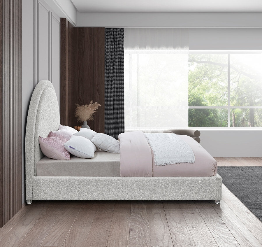 Lit Rembourré Design Contemporain - Tissu Boucle Crème, Acrylique, Matelas