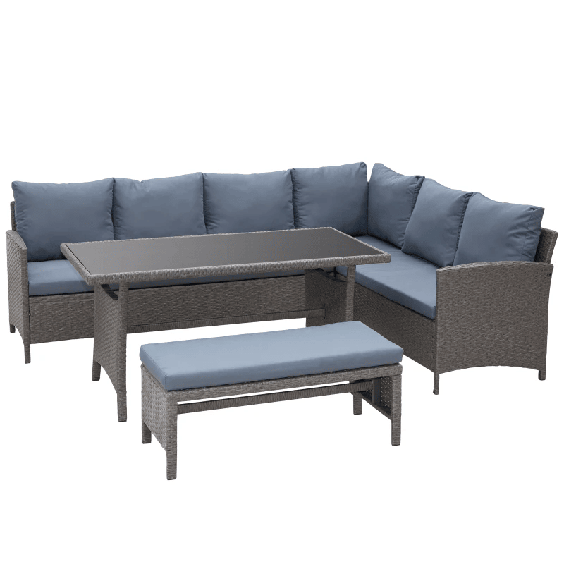 4 pièces Patio extérieur rotin Table à manger en osier banc meubles de Patio canapé