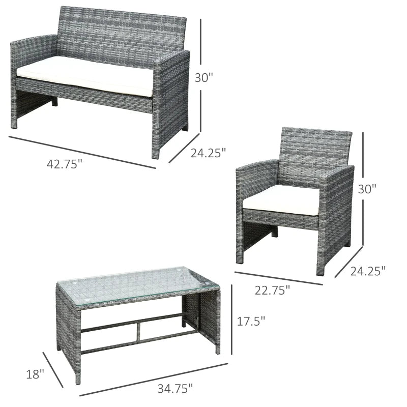Ensemble de meubles de patio 4 pièces avec coussins, ensemble de canapé de conversation d'extérieur en rotin PE avec table basse et causeuse avec plateau en verre, pour jardin, balcon, blanc crème