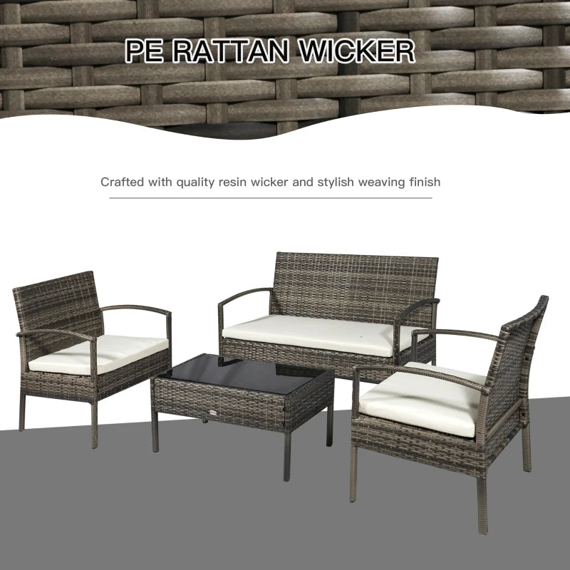 Ensembles de meubles de patio 4 pièces avec une causeuse, deux fauteuils et une table basse, ensemble de conversation en plein air avec table en verre et coussins blanc crème