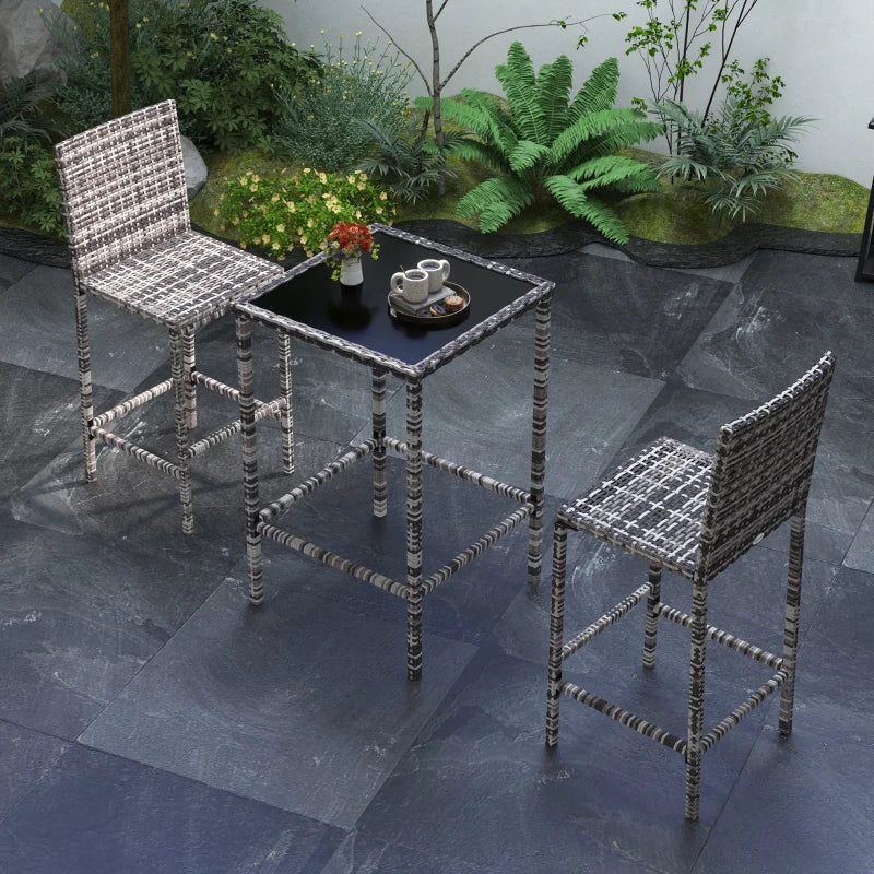 Ensemble de bar de patio 3 pièces, ensemble de bistro de jardin en osier et rotin, tabouret de bar et table pour patio, jardin, balcon, bord de piscine, gris