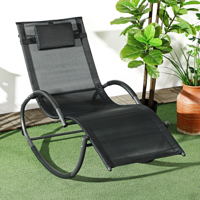 Chaise à bascule d'extérieur, chaise à bascule Zero Gravity avec siège en maille et oreiller rembourré pour intérieur, jardin, noir