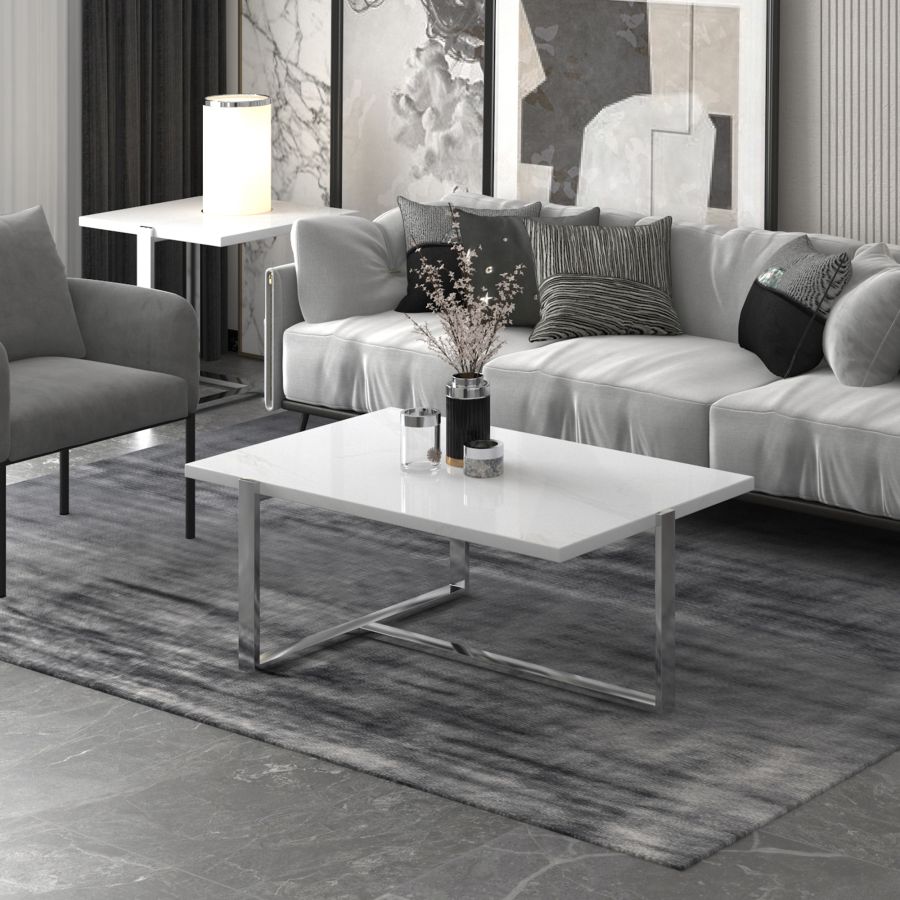 Table basse Veno en blanc et argent ( Meuble Mtl )