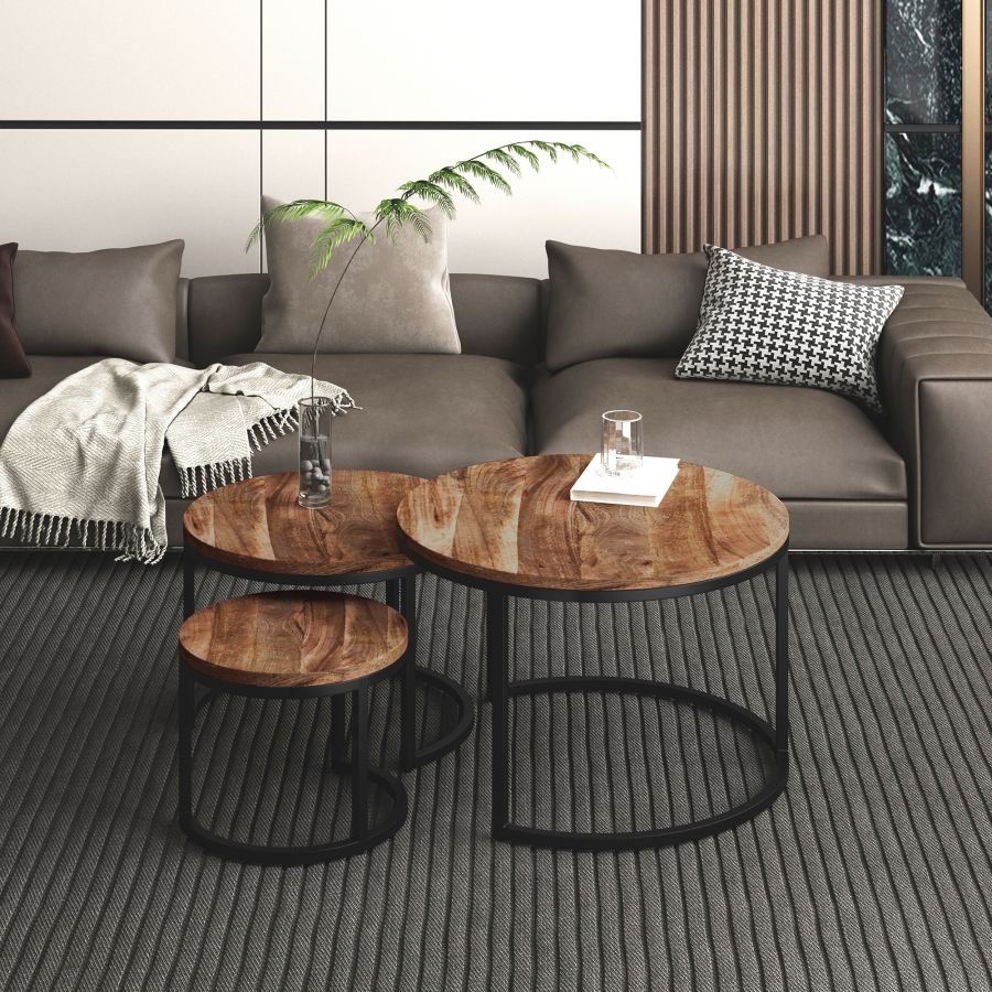 Ensemble de table basse Darsh 3 pièces en naturel et noir ( Meuble Mtl ) 