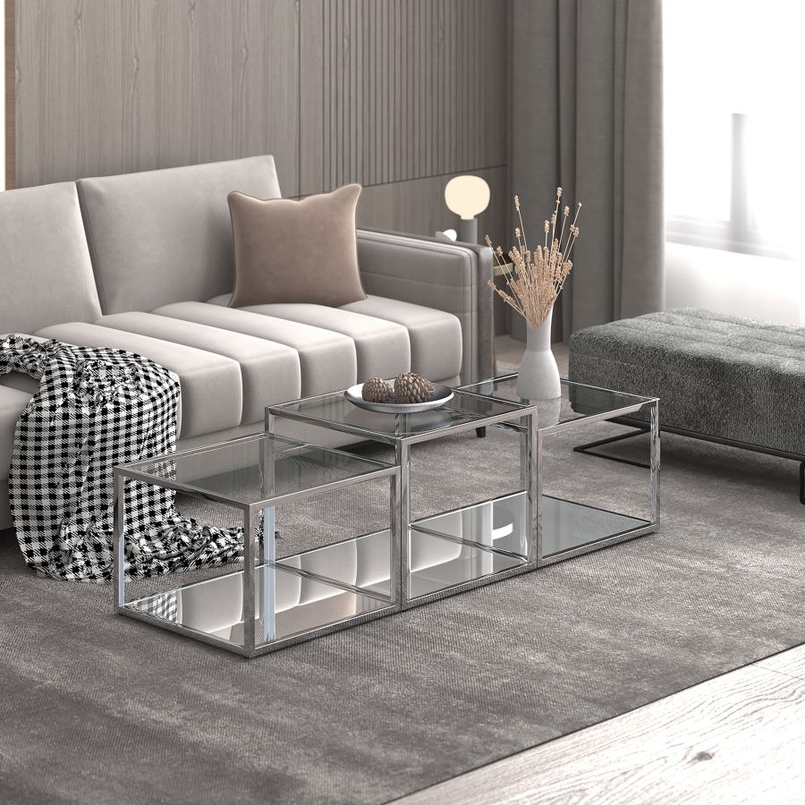 Casini Ensemble de 3 tables basses à plusieurs niveaux en argent ( Meuble Mtl )