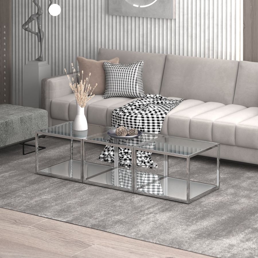Ensemble de 3 petites tables basses Casini en argent ( Meuble Mtl )