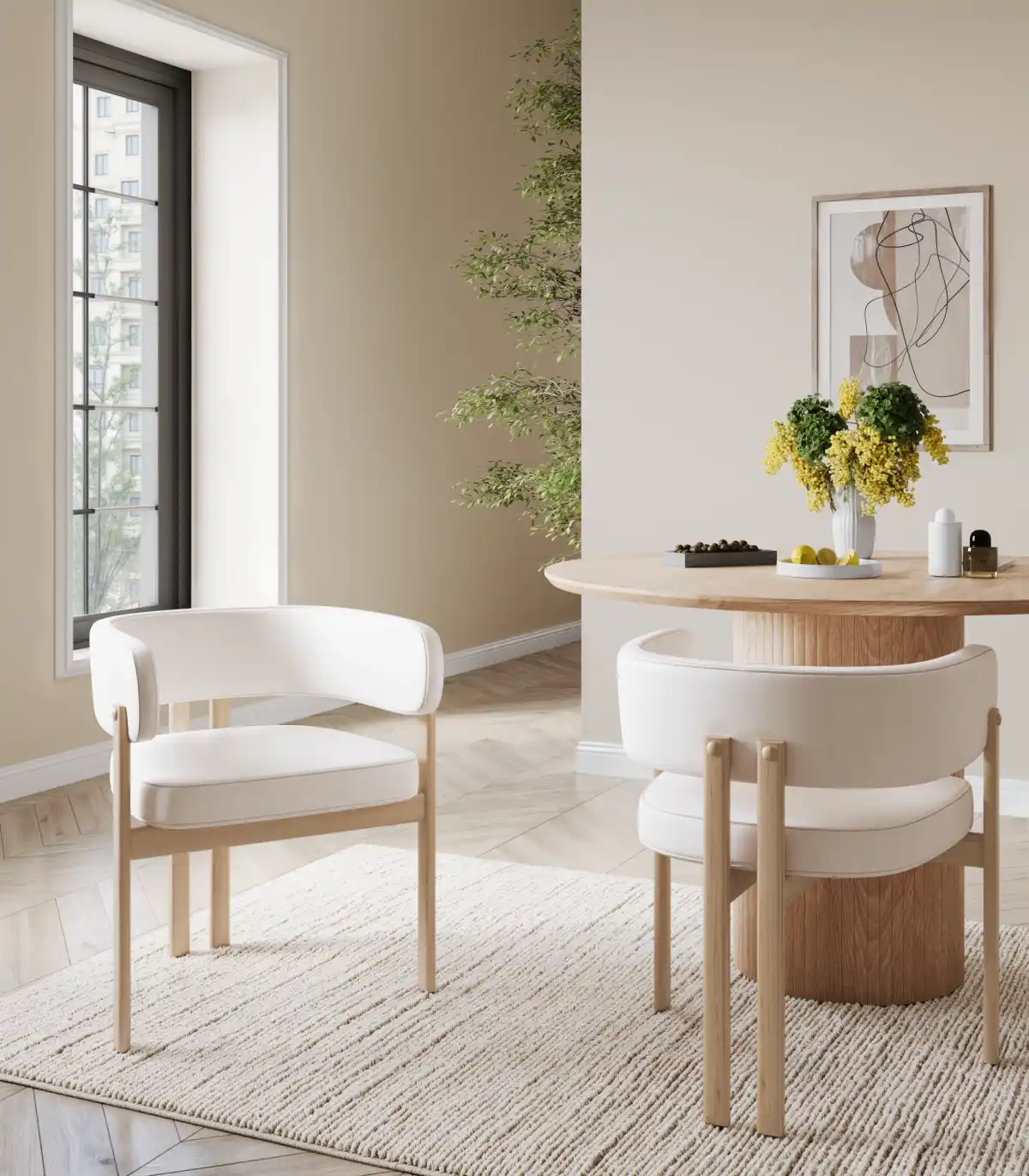 Chaises Belisse à dossier enveloppant | Tissu crème et fini chêne