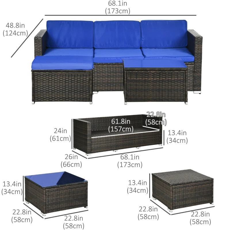 Ensemble de meubles de patio 3 pièces avec coussins, ensemble de canapé d'angle de conversation en osier et rotin PE avec table en verre et pied réglable pour jardin, pelouse, bleu